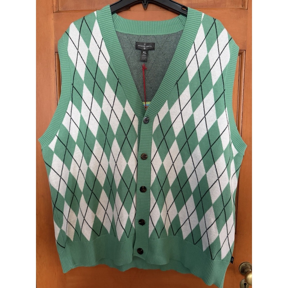 Men's Houston White Argyle Green Sweater Vest Size XL NWT 100% Cotton